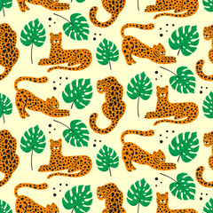 Jungle seamless pattern with leopards for kids