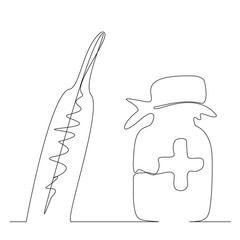 One continuous line drawing. Thermometer and a jar of medicine.