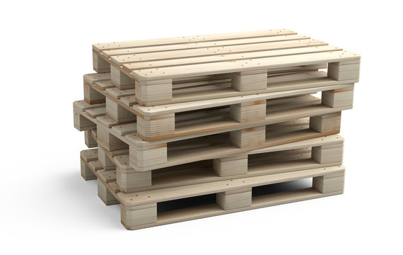 A stack of new wooden pallets. Side view.