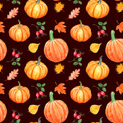 Watercolor autumn seamless pattern with orange pumpkins, mums flowers, colorful tree leaves and berries, isolated on warm brown background. Decorative fall botanical repeat print for holiday design.