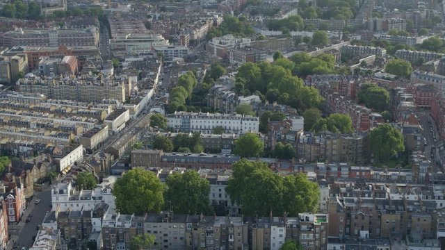 Aerial establishing shot of Knightsbridge London,  featuring Grade 2 listed streets