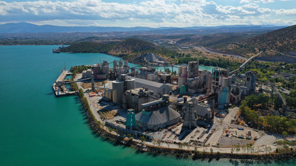 Fototapeta na wymiar Aerial photo of industrial area near new bridge of Halkida or Chalkida, Greece