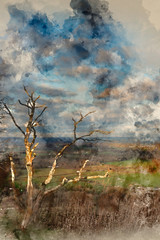 Obraz premium Digital watercolor painting of Beautiful Autumn Fall landscape of South Downs National Park in English countryside