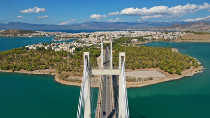 Aerial drone photo of marvel of Engineering suspension bridge connecting mainland with island over...