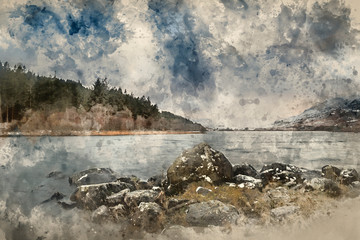 Digital watercolor painting of Beautiful Winter landscape image of Llynnau Mymbyr in Snowdonia National Park