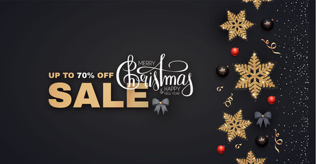 Merry Christmas and Happy New Year Elegant holiday decoration with gold snowflakes, red and black balls, bows and lettering.