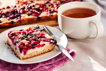 Tasty breakfast. Delicious pie with berries and cottage cheese an a cup of tea