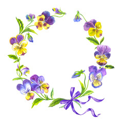 Round frame of pansies, watercolor illustration isolated on white background.