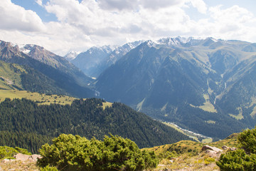 Fototapeta premium Mountain summer landscape. Snowy mountains and green grass. Peak Karakol Kyrgyzstan.