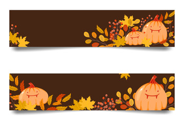 Naklejka na ściany i meble Dark halloween hand drawn vector backgrounds / banners with funny pumpkins and autumn leaves