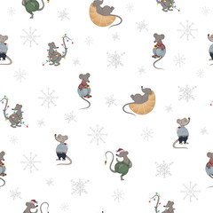 Vector seamless pattern with cartoon cute gray mice in a warm clothing with present box, Christmas lights and mandarin on the transparent background with snowflakes