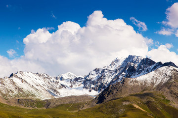 Mountain summer landscape. Snowy mountains and green grass. Peak Karakol Kyrgyzstan.