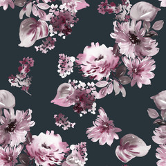 Seamless summer pattern with watercolor flowers handmade.