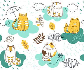 Seamless pattern with Cats on the clouds. Vector Background for fabric, textile, wallpaper, posters, gift wrapping paper, napkins, tablecloths, pajamas. Print for kids, baby, children