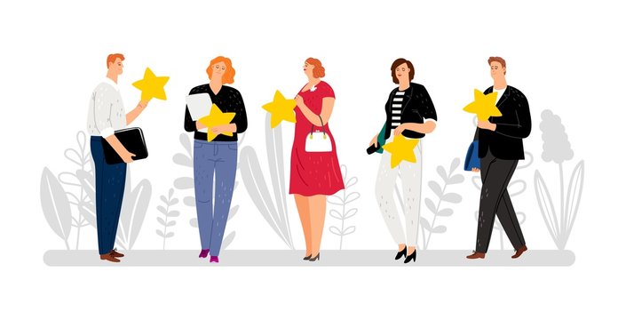 Customer reviews, feedback, five stars raiting. Flat people with golden stars vector illustration, ranging system