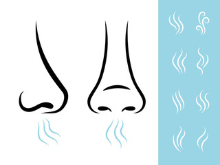 Smell icons with human nose and air. Breathing and aroma vector icons set
