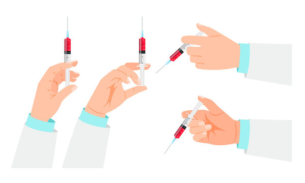 Vaccination icons with doctor hand and siringe, on white background. Medical care vector icons