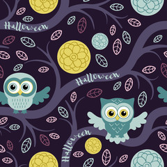 Fototapeta premium Owls in the night forest seamless pattern. Owls on a tree. Vector halloween background for fabric, textile, wallpaper, posters, gift wrapping paper, napkin.