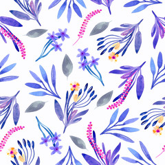 Botanical watercolor seamless pattern with wild flowers and herbs on white background.