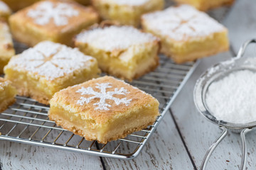 Lemon squares with powdered sugar.