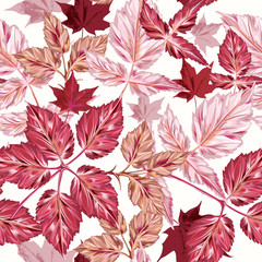 Autumn vector pattern with realistic leaves in pink red colors