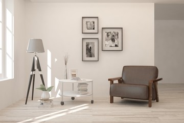 Stylish room in white color with armchair. Scandinavian interior design. 3D illustration