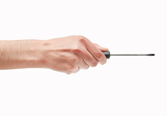 Man hand holding a phillips screwdriver isolated on a white background