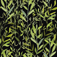 Botanical watercolor seamless pattern with green on black background.