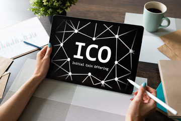 ICO - Initial coin offering. Blockchain and financial technology concept.