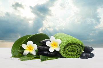 Fototapeta na wymiar Spa green tropical objects for therapy massage. Spa healthy conc