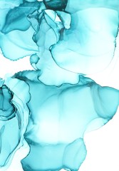Abstract illustration in alcohol ink technique. Aquamarine marble texture. Wash drawing effect wallpaper. Modern illustration for card design, creative banners, ethereal graphic design.