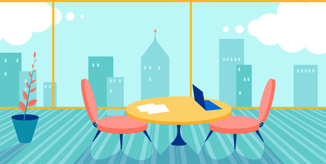 The office on a top floor with big windows. Modern illustration. Skyscraper view.