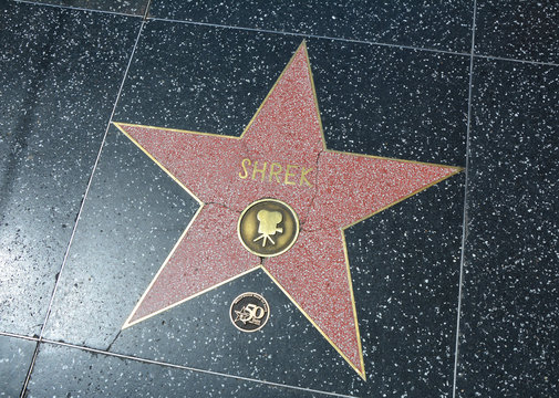 LOS ANGELES, CA, USA - MARCH 27, 2018 : The Hollywood Walk of Fame stars in Los Angeles. Shrek star.