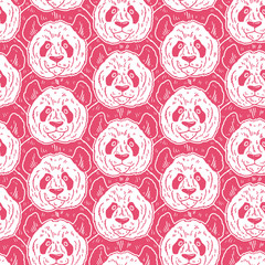 Cute funny cartoon panda seamless pattern. Vector illustration hand drawn in lines. Trendy doodle background