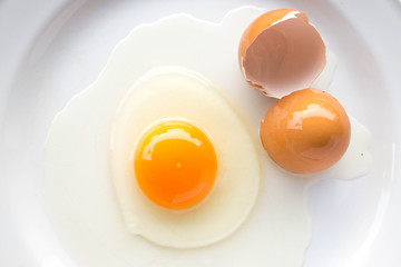 Top view fresh egg yolk on white plat.