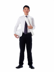 portrait asia construction engineer handsome man white shirt black pants holding helmet and blueprints isolated on white background copyspace