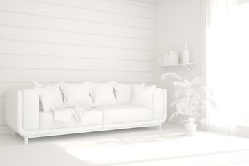 Mock up of stylish room in white color with sofa. Scandinavian interior design. 3D illustration