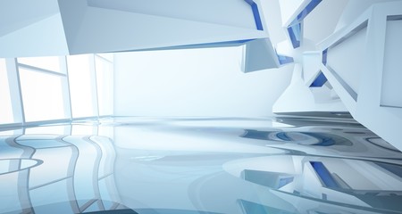 Abstract architectural white and glass gradient color interior of a minimalist house with water. 3D illustration and rendering.