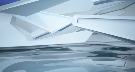 Abstract architectural white and glass gradient color interior of a minimalist house with water. 3D illustration and rendering.