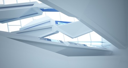 Obraz premium Abstract architectural white and glass gradient color interior of a minimalist house with water. 3D illustration and rendering.