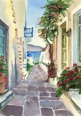 Fototapeta na wymiar Watercolor picture of an old and picturesque greek street with sunlit houses and distant sea