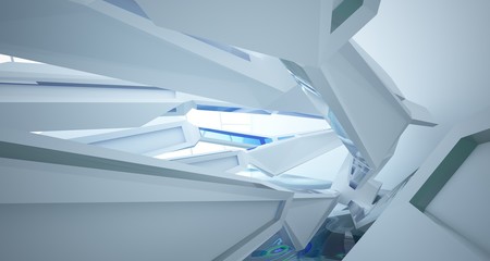 Abstract architectural white and glass gradient color interior of a minimalist house with water. 3D illustration and rendering.