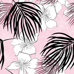 Floral tropical print on a pale pink background. Seamless pattern of white plumeria flowers and palm branches.
