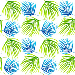 tropical seamless pattern of leaves on a pure white background, coconut palm brush painted by watercolor.