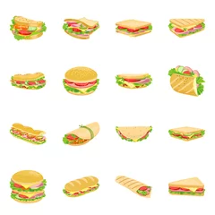 Fotobehang Vector illustration of sandwich and fastfood sign. Set of sandwich and lunch stock symbol for web. © Svitlana