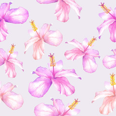 Tropical seamless pattern with hibiscus on blue background, for invitation design, fabric and paper production.