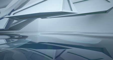 Obraz premium Abstract architectural white and glass gradient color interior of a minimalist house with water. 3D illustration and rendering.