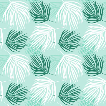 tropical print in pastel colors, seamless pattern of palm leaves on a pale green background.