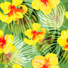 tropical floral print on a green background. yellow hibiscus and palm leaves seamless pattern. watercolor hawaiian flowers and coconut palm brush.