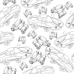Sketch of children's cars drawn with black gel pen. Seamless pattern on white background for baby Wallpaper design, invitations and fabric production.
